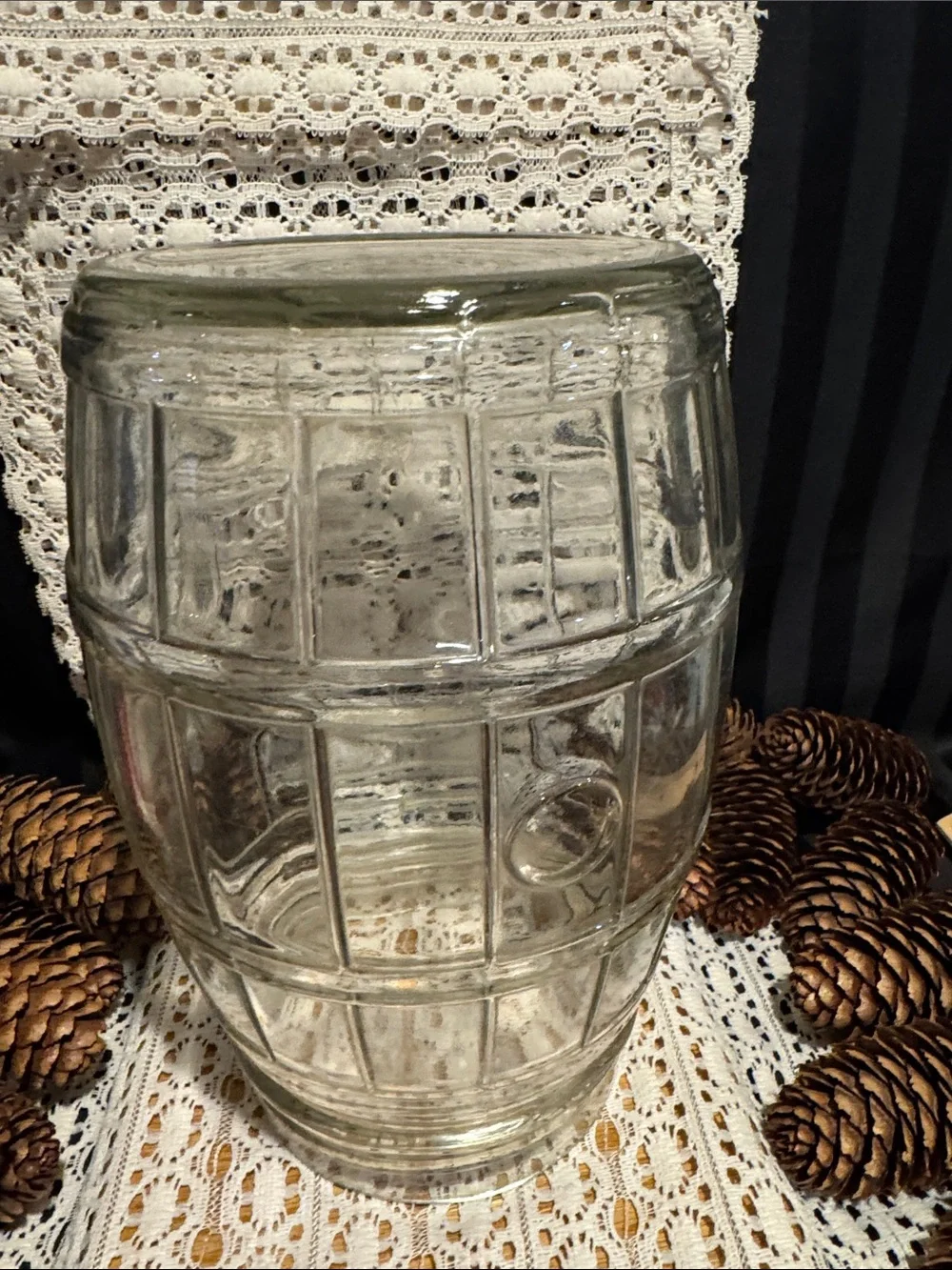 Vintage Barrel Shaped Glass Jar with Real Pine Cones